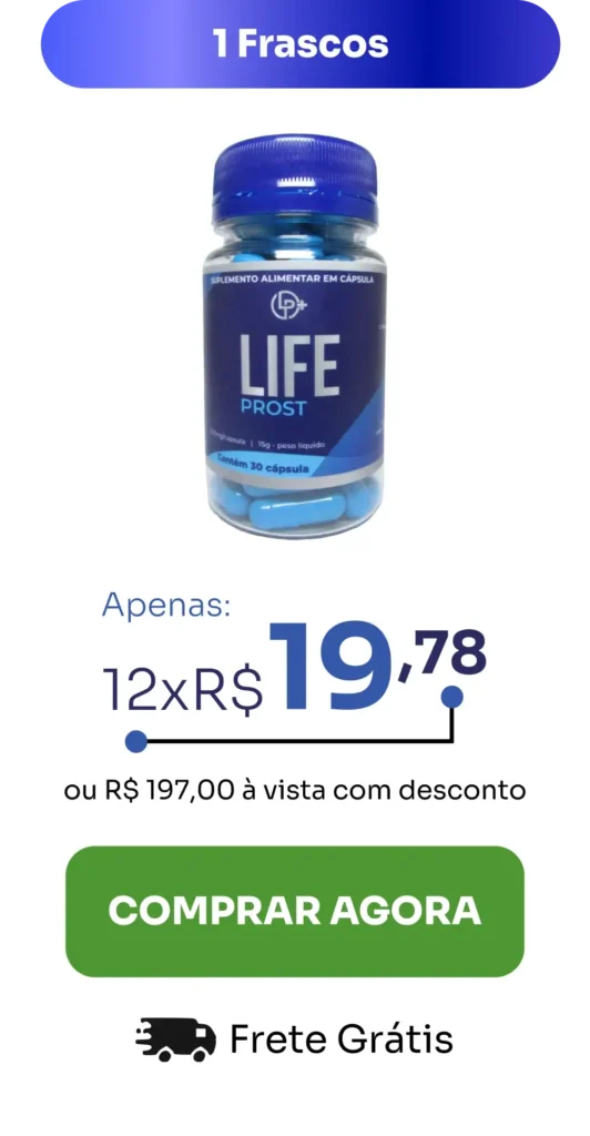 Frasco de Life Prost, suplemento natural para a saúde da próstata, ideal para iniciar o cuidado e aliviar desconfortos urinários